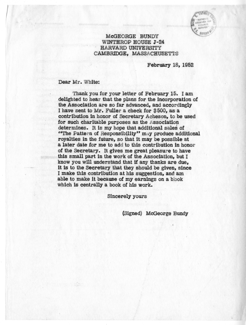 Correspondence Between Mr. McGeorge Bundy and Secretary of State Dean Acheson, with Attachments