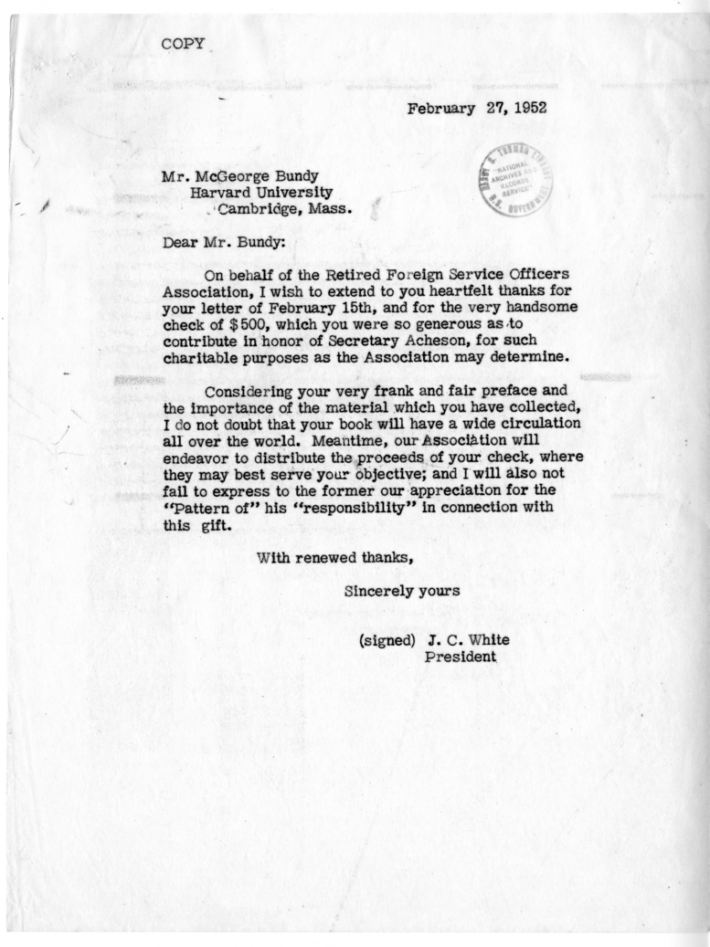 Correspondence Between Mr. McGeorge Bundy and Secretary of State Dean Acheson, with Attachments