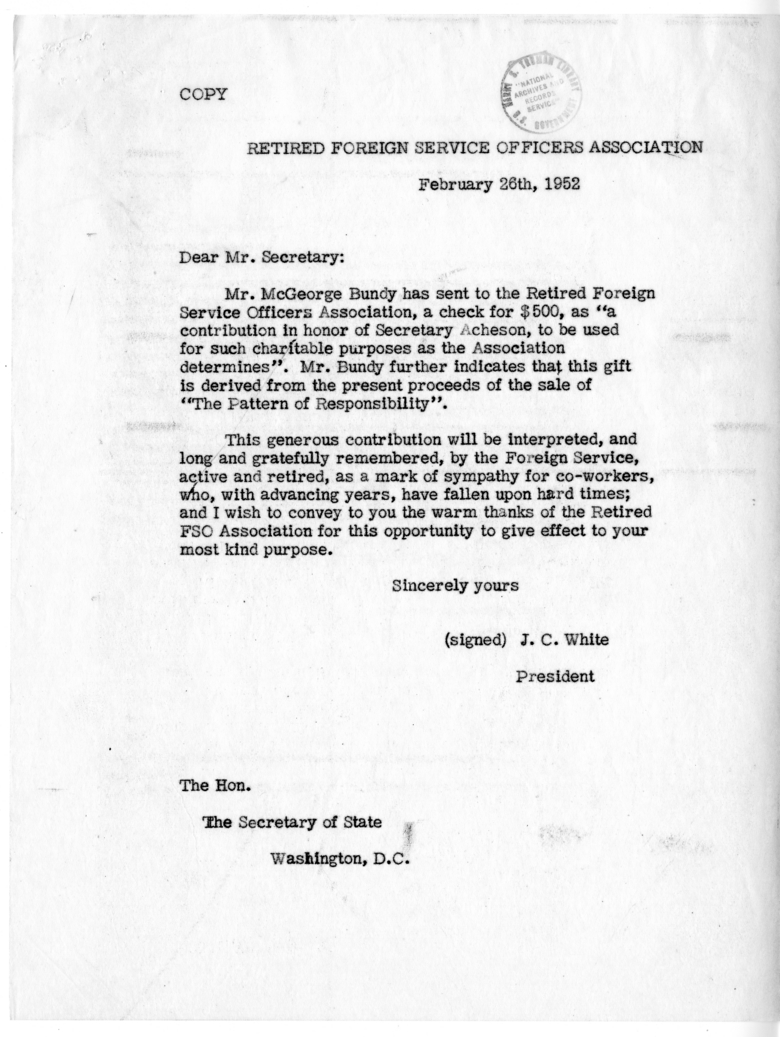 Correspondence Between Mr. McGeorge Bundy and Secretary of State Dean Acheson, with Attachments