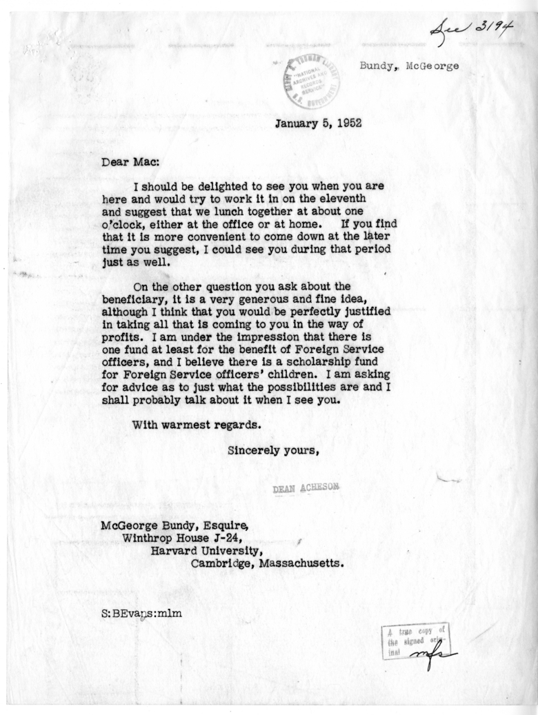 Correspondence Between Mr. McGeorge Bundy and Secretary of State Dean Acheson, with Attachments