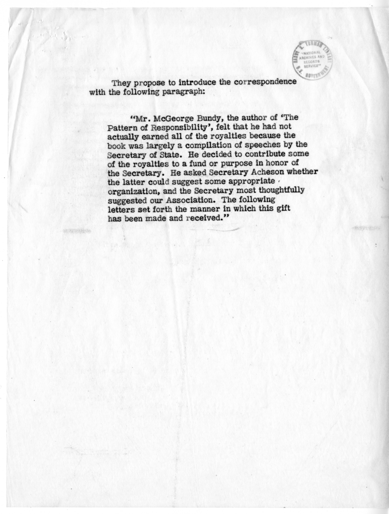 Correspondence Between Mr. McGeorge Bundy and Secretary of State Dean Acheson, with Attachments