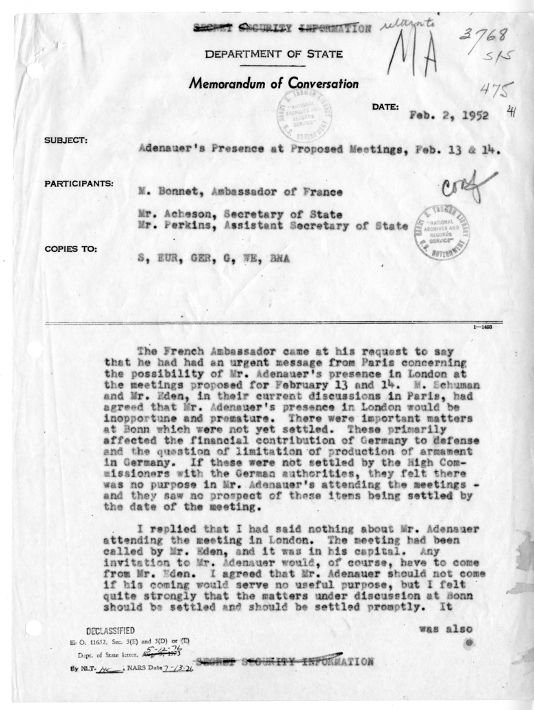 Memorandum of Conversation with Ambassador Henri Bonnet of France and Assistant Secretary of State George Perkins