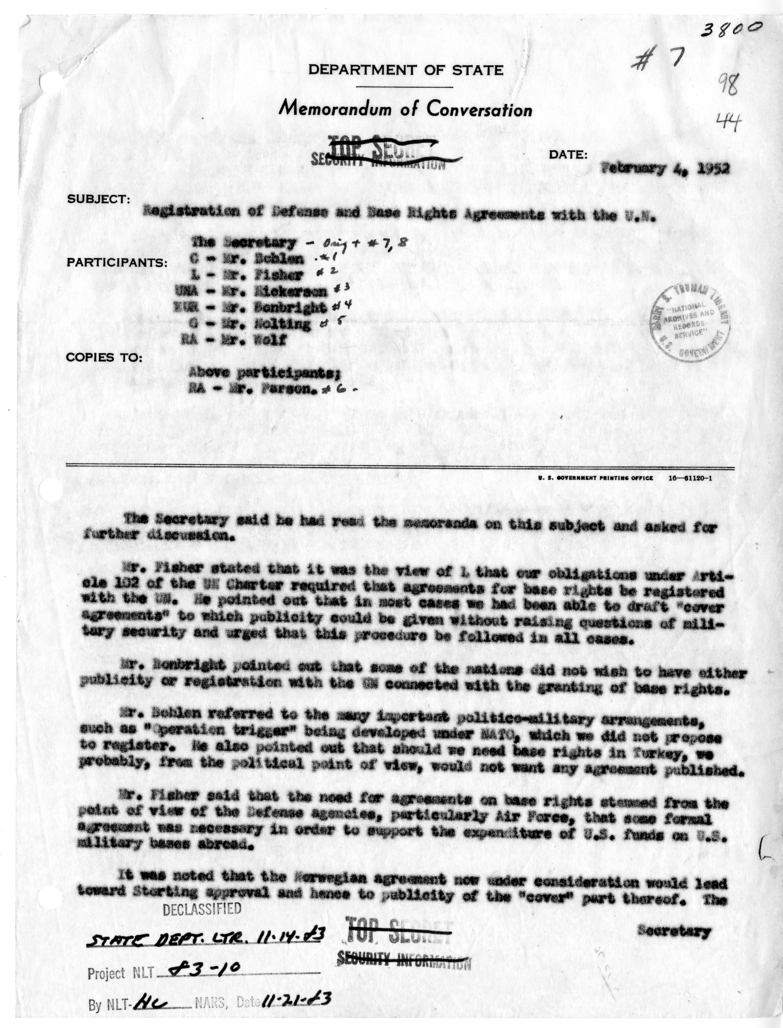 Memorandum of Conversation with Charles Bohlen, Adrian S. Fisher, John D. Hickerson, James C. Bonbright, Frederick Nolting, and Joseph J. Wolf