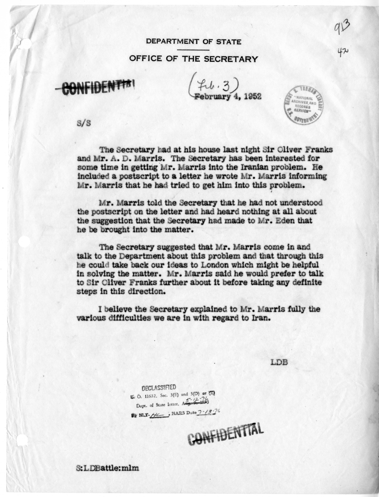Memorandum of Conversation with Ambassador Sir Oliver Franks of Great Britain and Mr. A. D. Marris