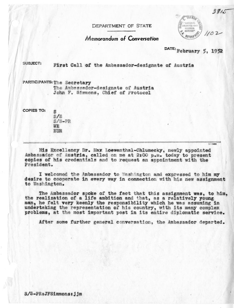 Memorandum of Conversation with Ambassador Dr. Max Loewenthal-Chlumecky of Austria and John F. Simmons