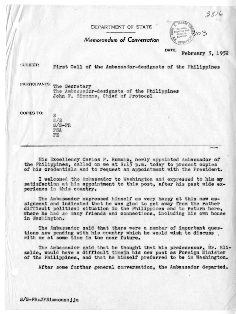 Memorandum of Conversation with His Excellency Ambassador Carlos P. Romulo of the Philippines and John F. Simmons, Chief of Protocol