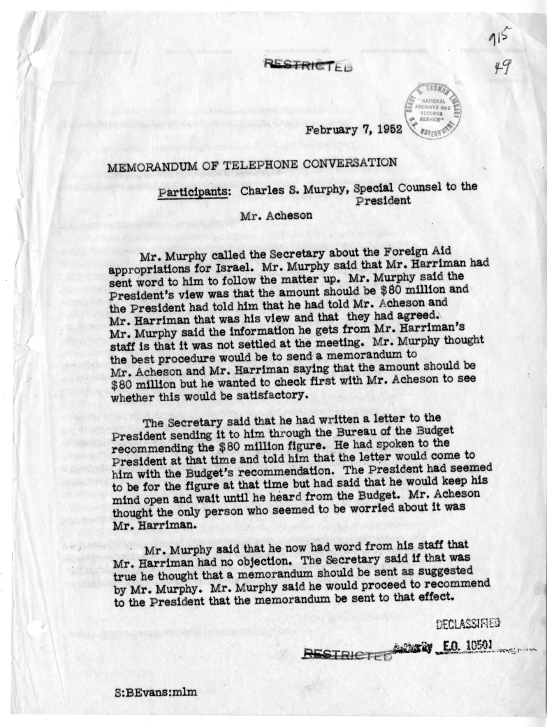 Memorandum of Telephone Conversation with Charles S. Murphy, Special Counsel to the President