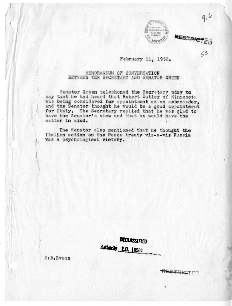 Memorandum of Telephone Conversation with Senator Theodore Green