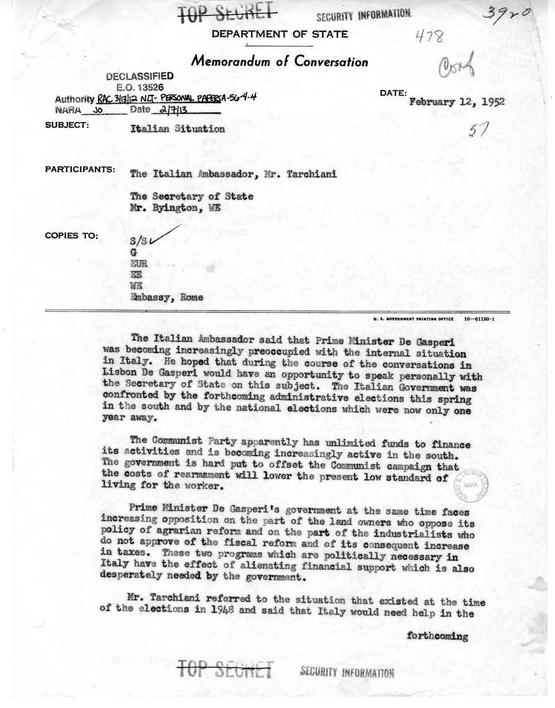 Memorandum of Conversation with Ambassador Alberto Tarchiani of Italy and Homer Byington