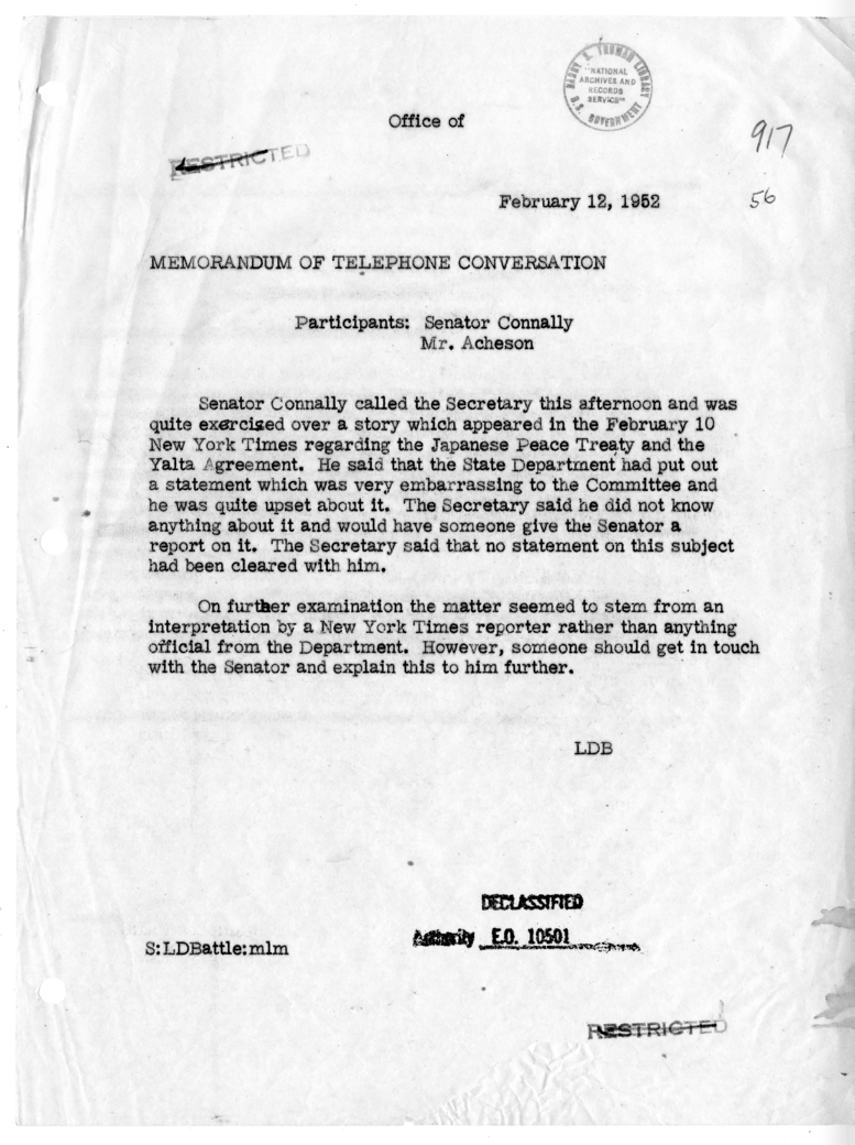 Memorandum of Telephone Conversation with Senator Tom Connally