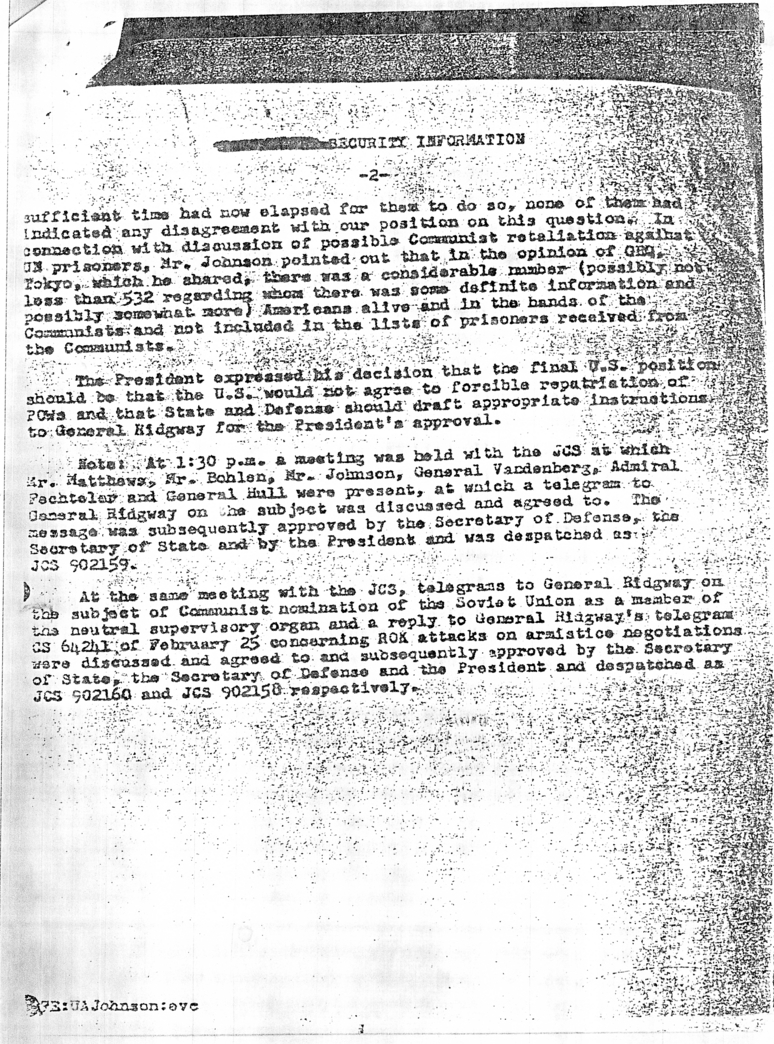 Memorandum of Conversation with President Harry S. Truman, Secretary of Defense Robert Lovett, Secretary of the Treasury John Snyder, General Arthur Vandenberg, Admiral William Fechteler, General John E. Hull, H. Freeman Matthews, and U. Alexis Johnson