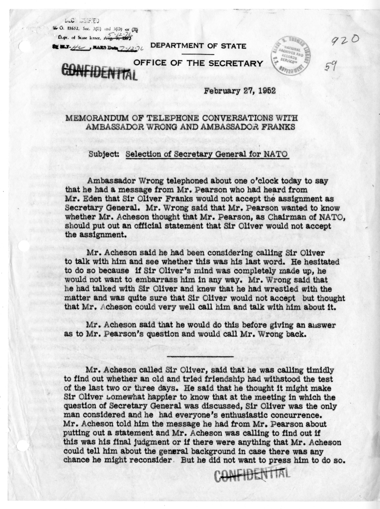 Memorandum of Telephone Conversations with Ambassador Hume Wrong of Canada and Ambassador Sir Oliver Franks of Great Britain