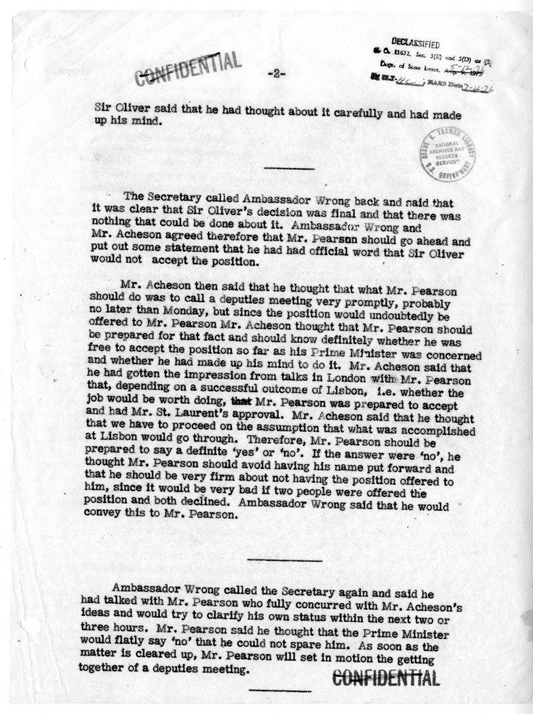 Memorandum of Telephone Conversations with Ambassador Hume Wrong of Canada and Ambassador Sir Oliver Franks of Great Britain
