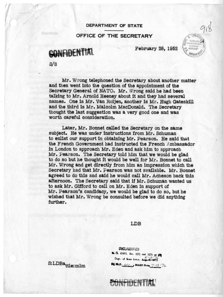 Memorandum of Telephone Conversations with Ambassador Hume Wrong of Canada and Ambassador Henri Bonnet of France
