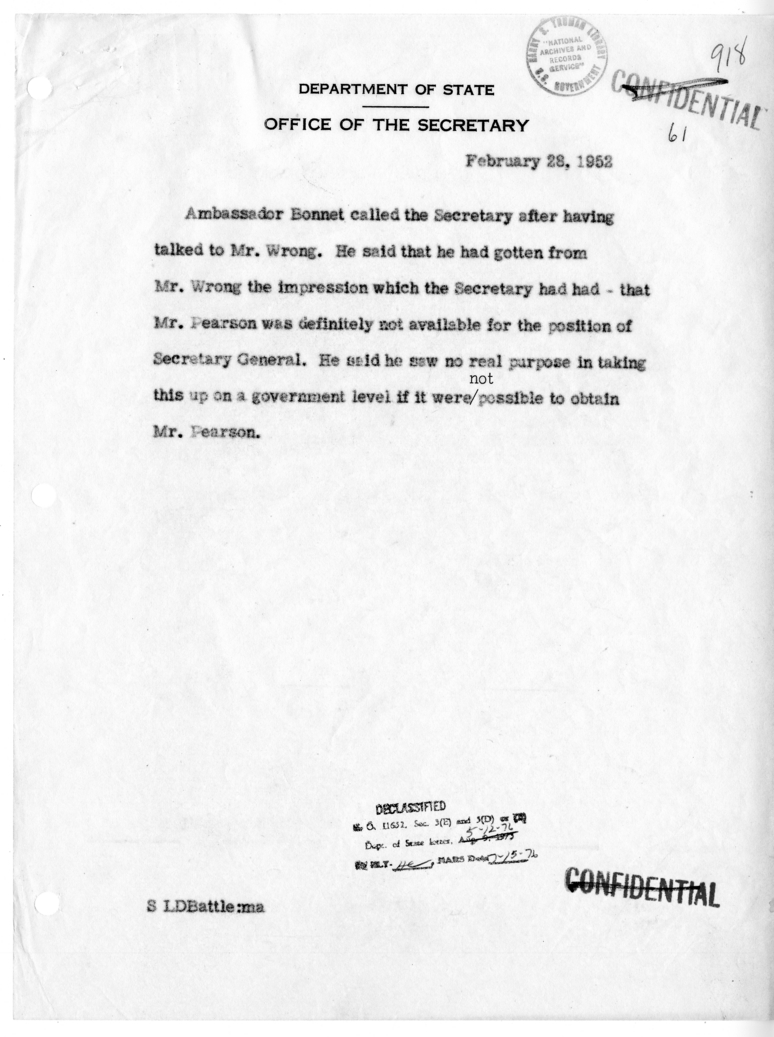 Memorandum of Telephone Conversations with Ambassador Hume Wrong of Canada and Ambassador Henri Bonnet of France