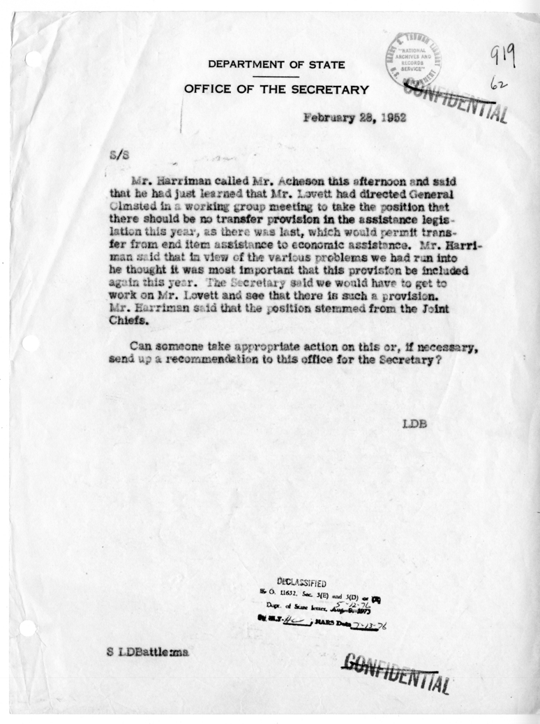 Memorandum of Telephone Conversation with Averell Harriman