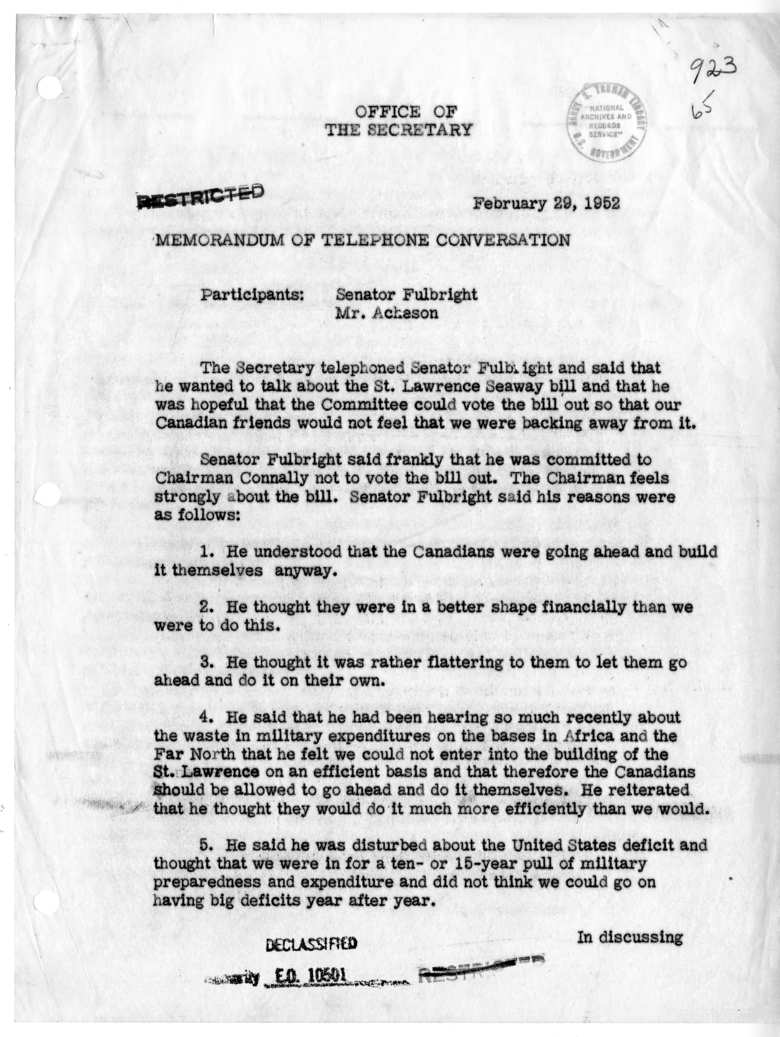 Memorandum of Telephone Conversation with Senator J. William Fulbright