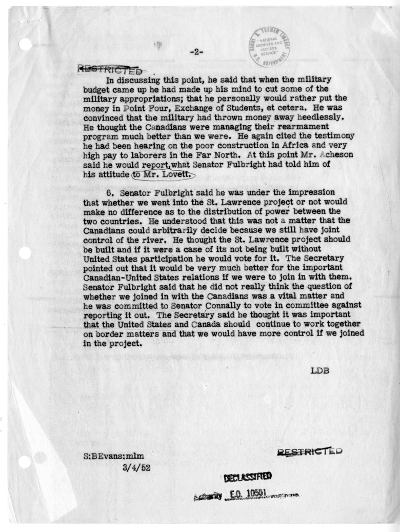 Memorandum of Telephone Conversation with Senator J. William Fulbright