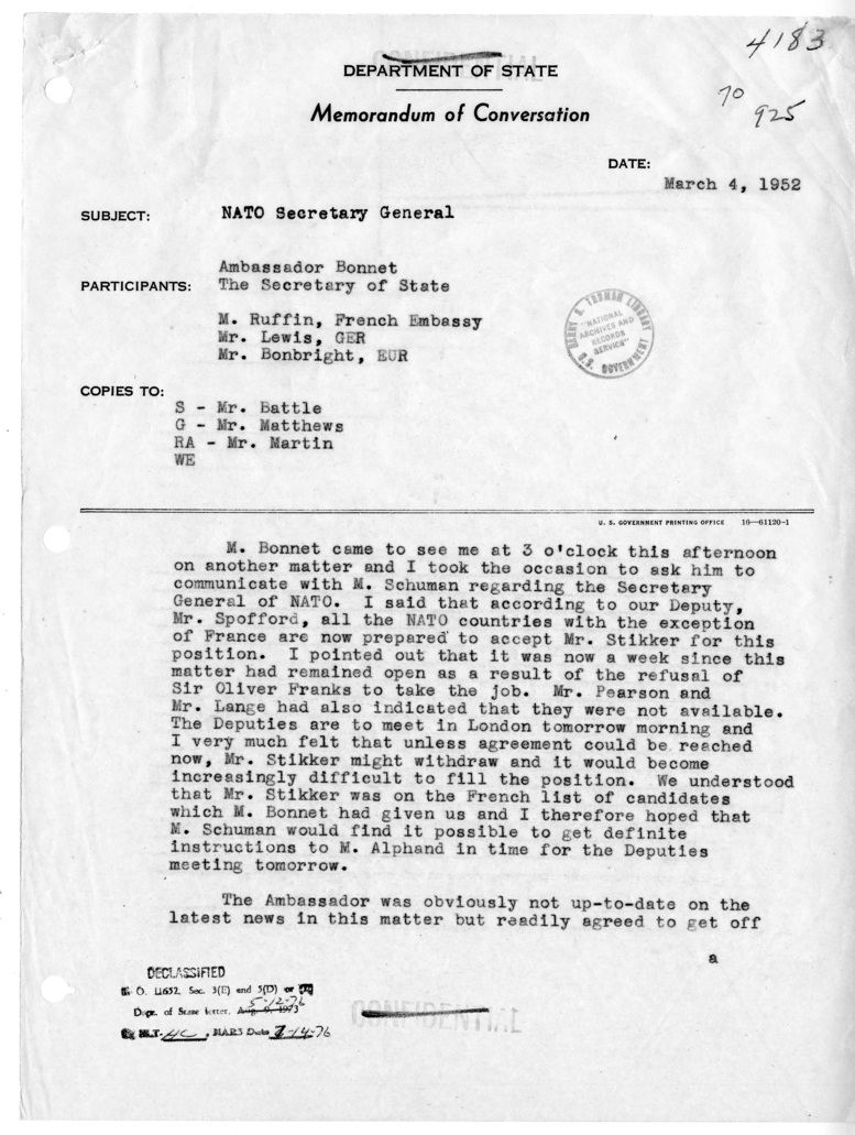 Memorandum of Conversation with Ambassador Henri Bonnet of France, Mr. Ruffin of the French Embassy, James C. Bonbright, and Geoffrey W. Lewis