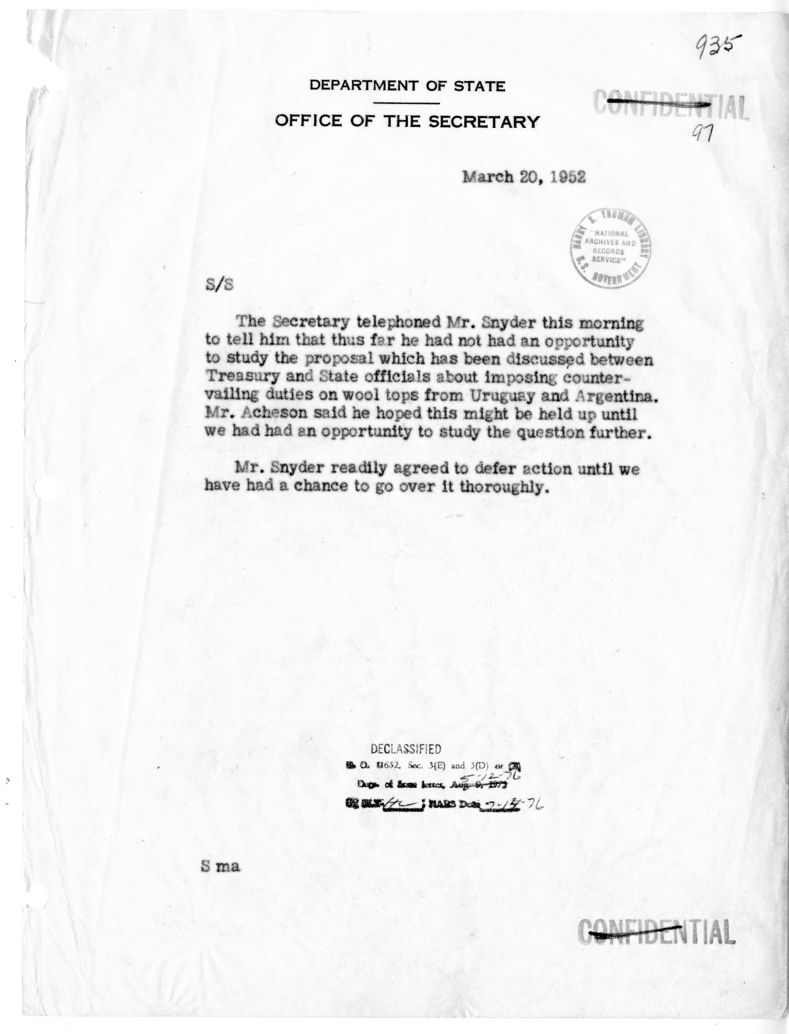 Memorandum of Telephone Conversation with Secretary of the Treasury John Snyder