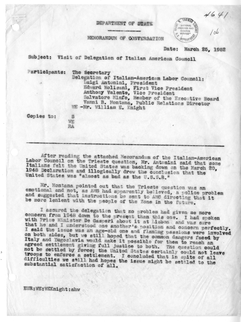 Memorandum of Conversation with a Delegation of the Italian-American Labor Council and Mr. William E. Knight