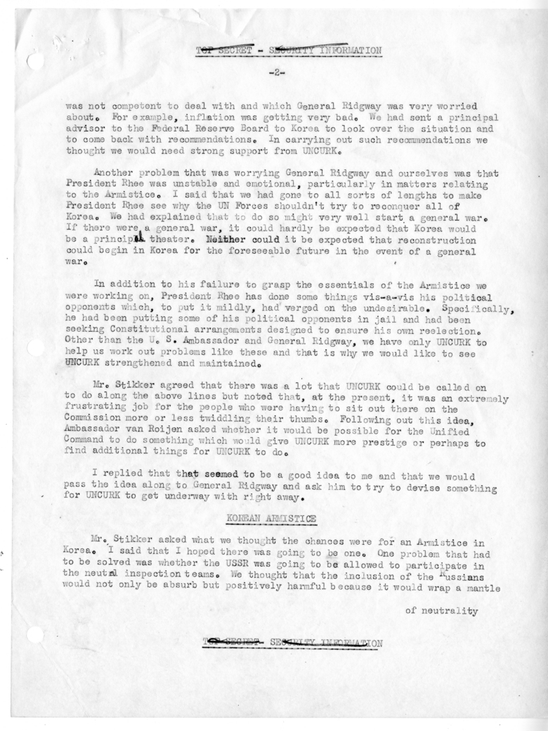 Memorandum of Conversation with Foreign Minister Dirk U. Stikker of the Netherlands, Ambassador S. Herman van Roijen of the Netherlands, J. G. de Beus of the Netherlands Embassy, George W. Perkins, United States Ambassador to the United States Selden Chap