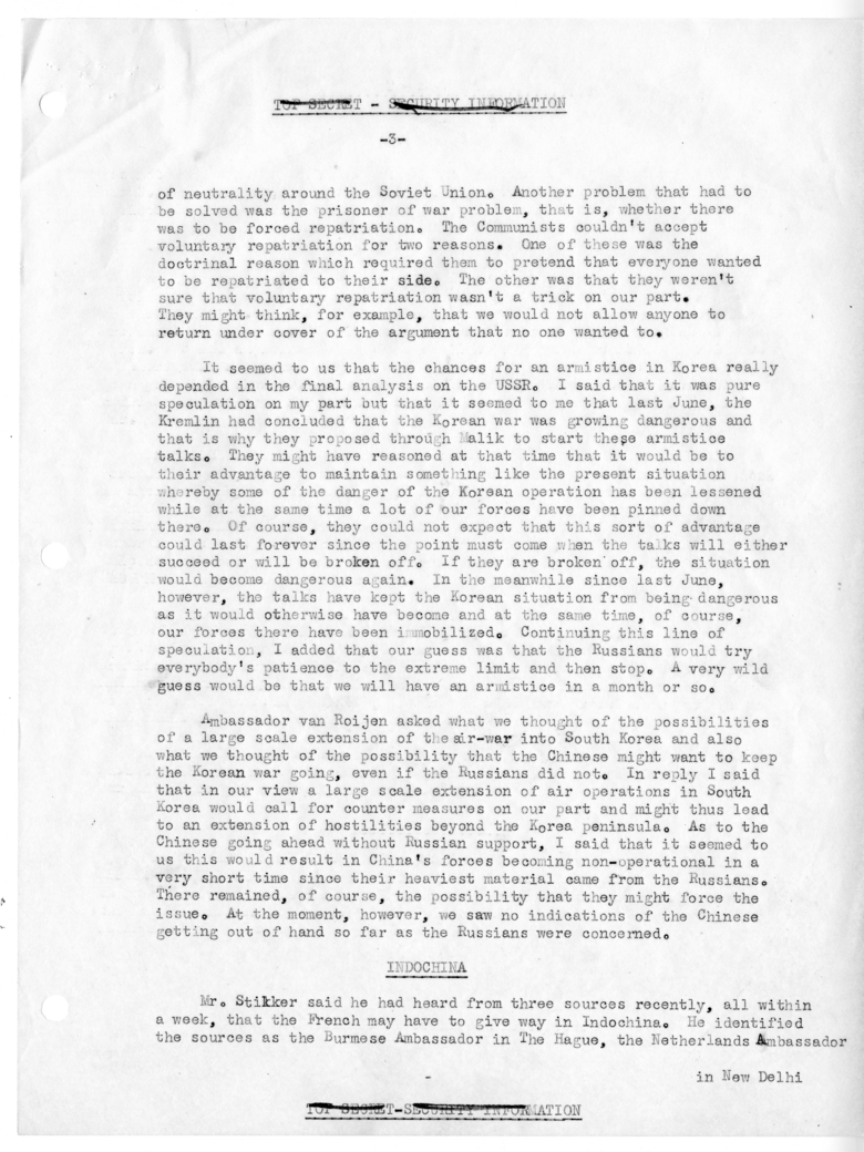 Memorandum of Conversation with Foreign Minister Dirk U. Stikker of the Netherlands, Ambassador S. Herman van Roijen of the Netherlands, J. G. de Beus of the Netherlands Embassy, George W. Perkins, United States Ambassador to the United States Selden Chap