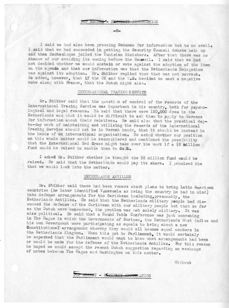 Memorandum of Conversation with Foreign Minister Dirk U. Stikker of the Netherlands, Ambassador S. Herman van Roijen of the Netherlands, J. G. de Beus of the Netherlands Embassy, George W. Perkins, United States Ambassador to the United States Selden Chap