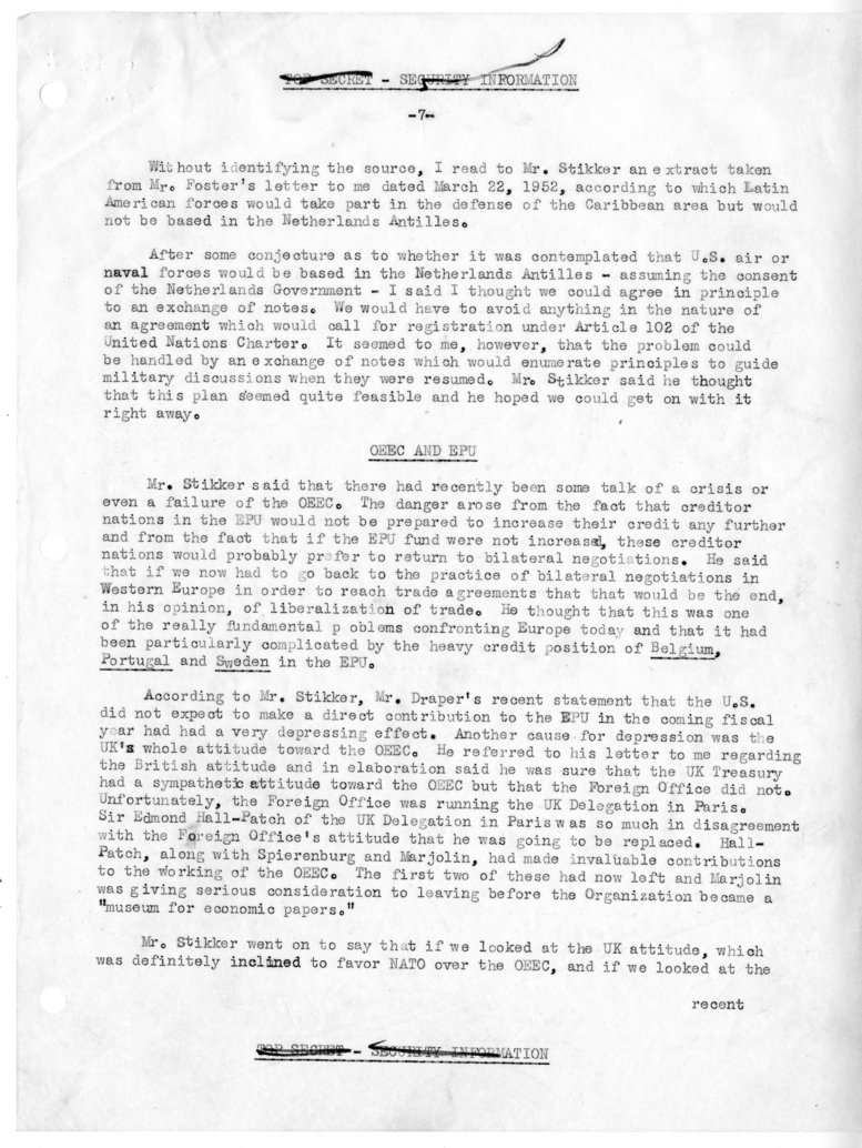 Memorandum of Conversation with Foreign Minister Dirk U. Stikker of the Netherlands, Ambassador S. Herman van Roijen of the Netherlands, J. G. de Beus of the Netherlands Embassy, George W. Perkins, United States Ambassador to the United States Selden Chap