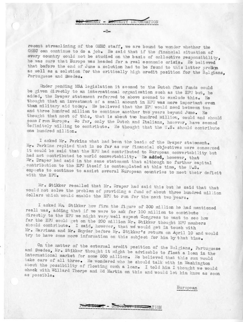 Memorandum of Conversation with Foreign Minister Dirk U. Stikker of the Netherlands, Ambassador S. Herman van Roijen of the Netherlands, J. G. de Beus of the Netherlands Embassy, George W. Perkins, United States Ambassador to the United States Selden Chap