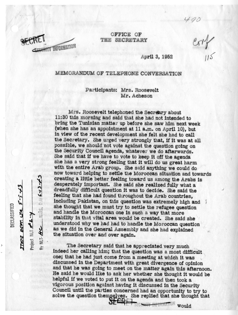 Memorandum of Telephone Conversation with Eleanor Roosevelt