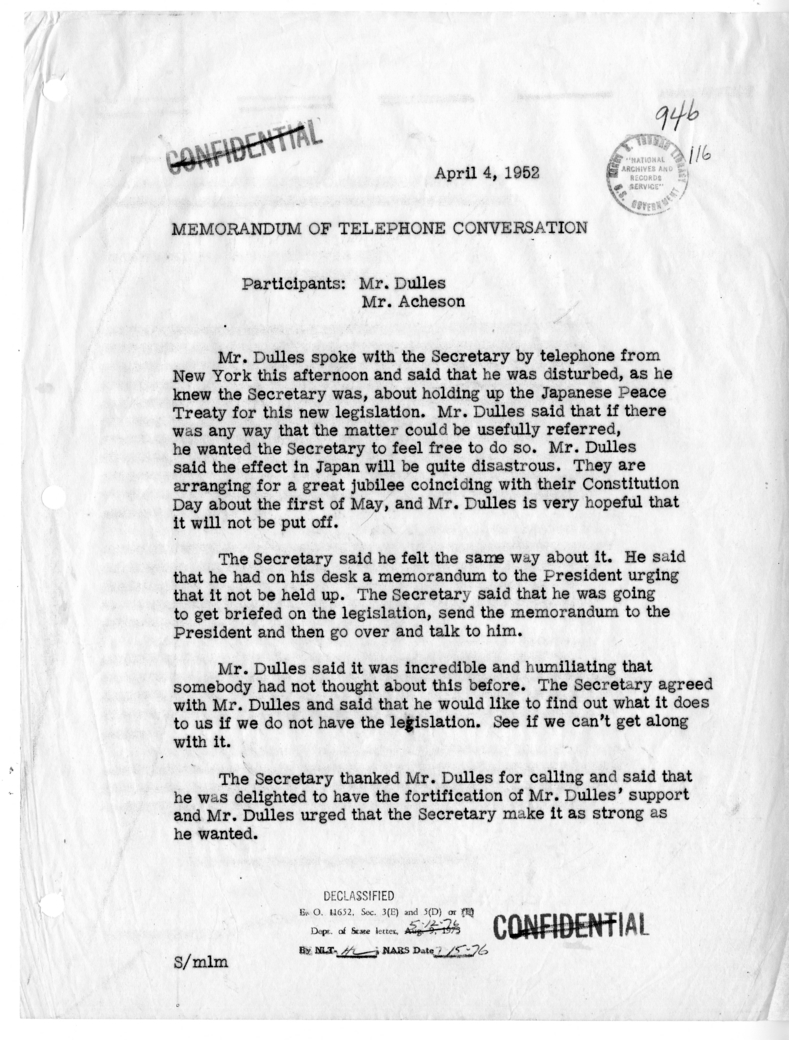 Memorandum of Telephone Conversation with John Foster Dulles