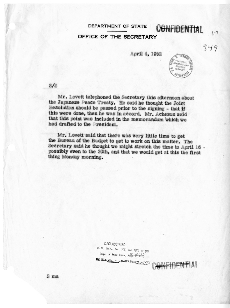 Memorandum of Telephone Conversation with Secretary of Defense Robert Lovett