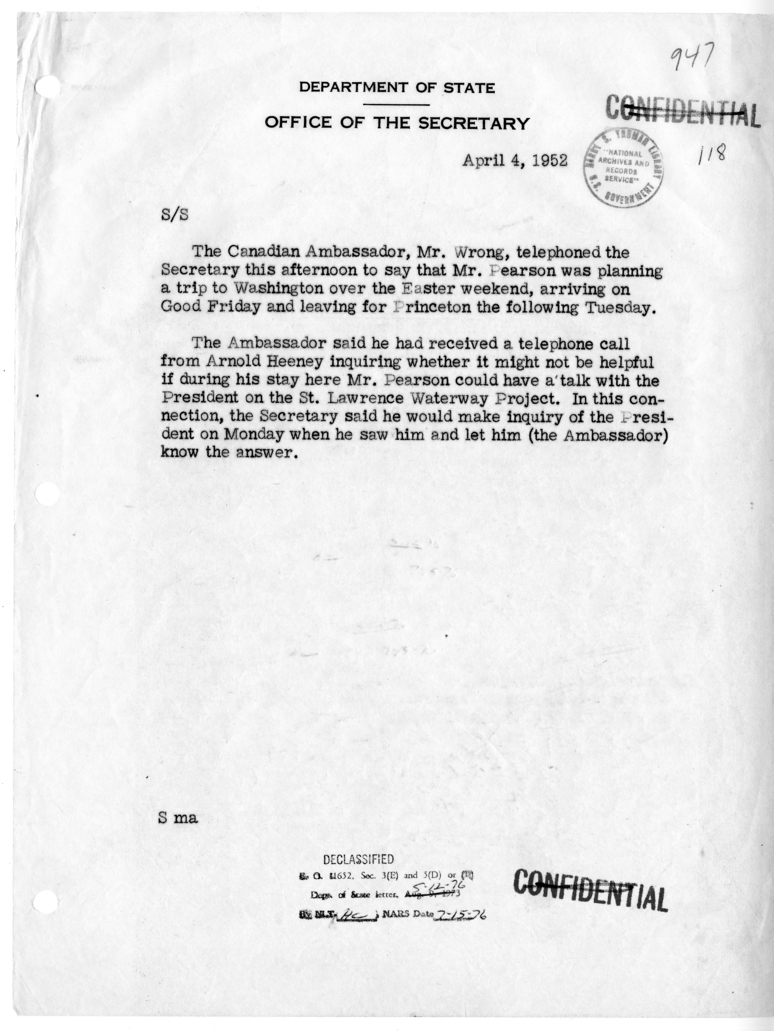 Memorandum of Telephone Conversation with Ambassador Hume Wrong of Canada