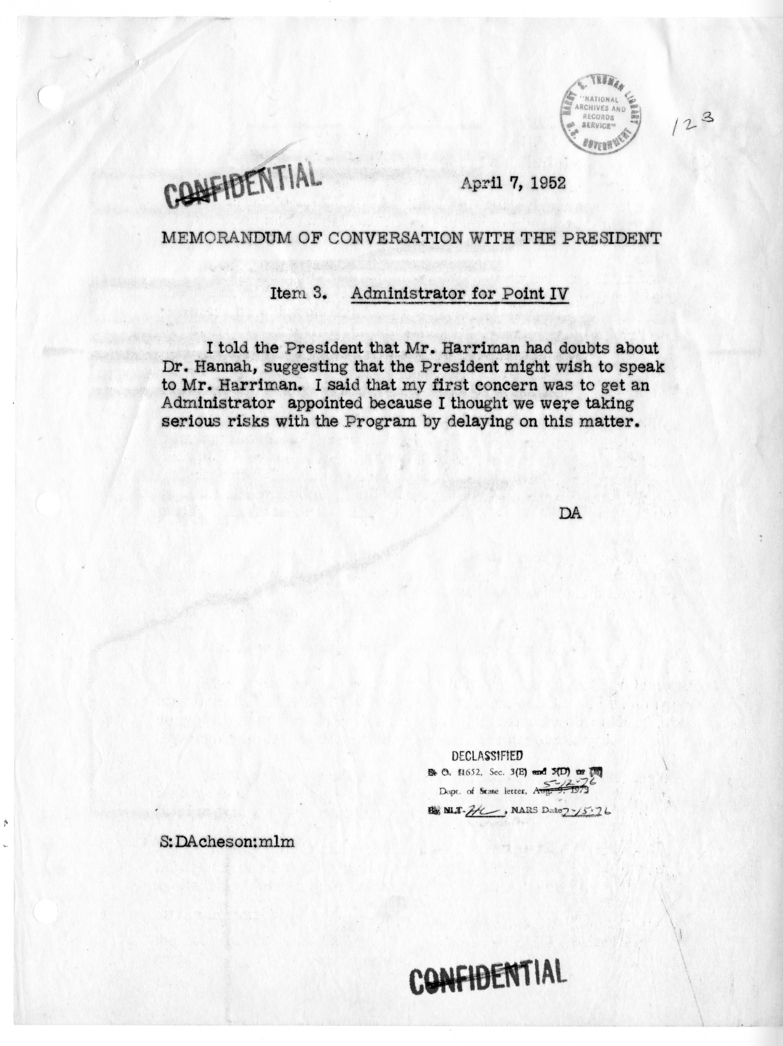 Memorandum of Conversation with President Harry S. Truman