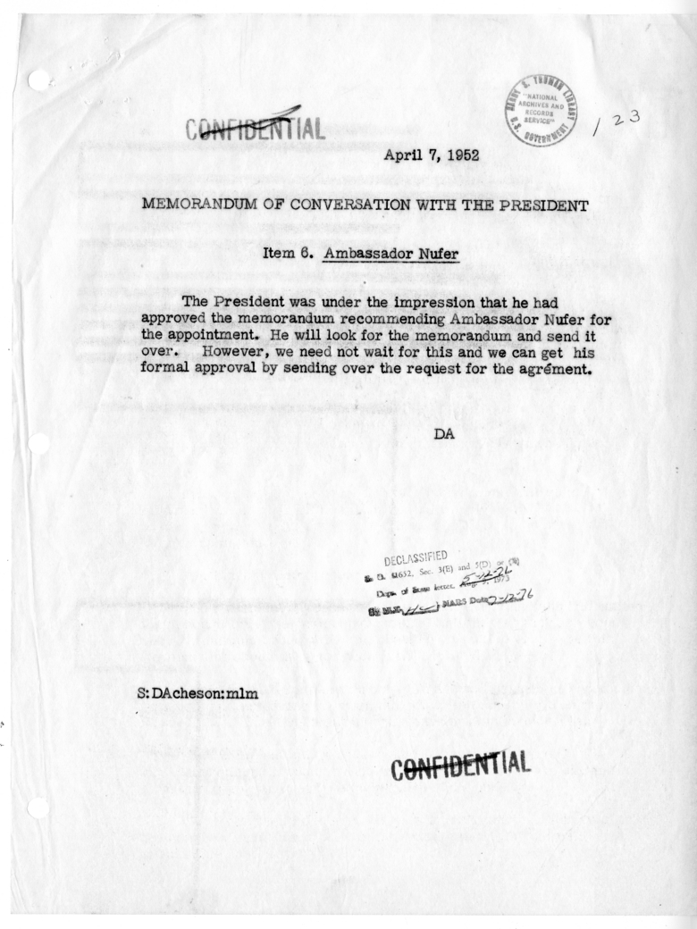 Memorandum of Conversation with President Harry S. Truman