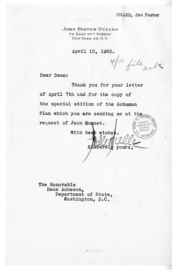 Correspondence Between John Foster Dulles and Secretary of State Dean Acheson