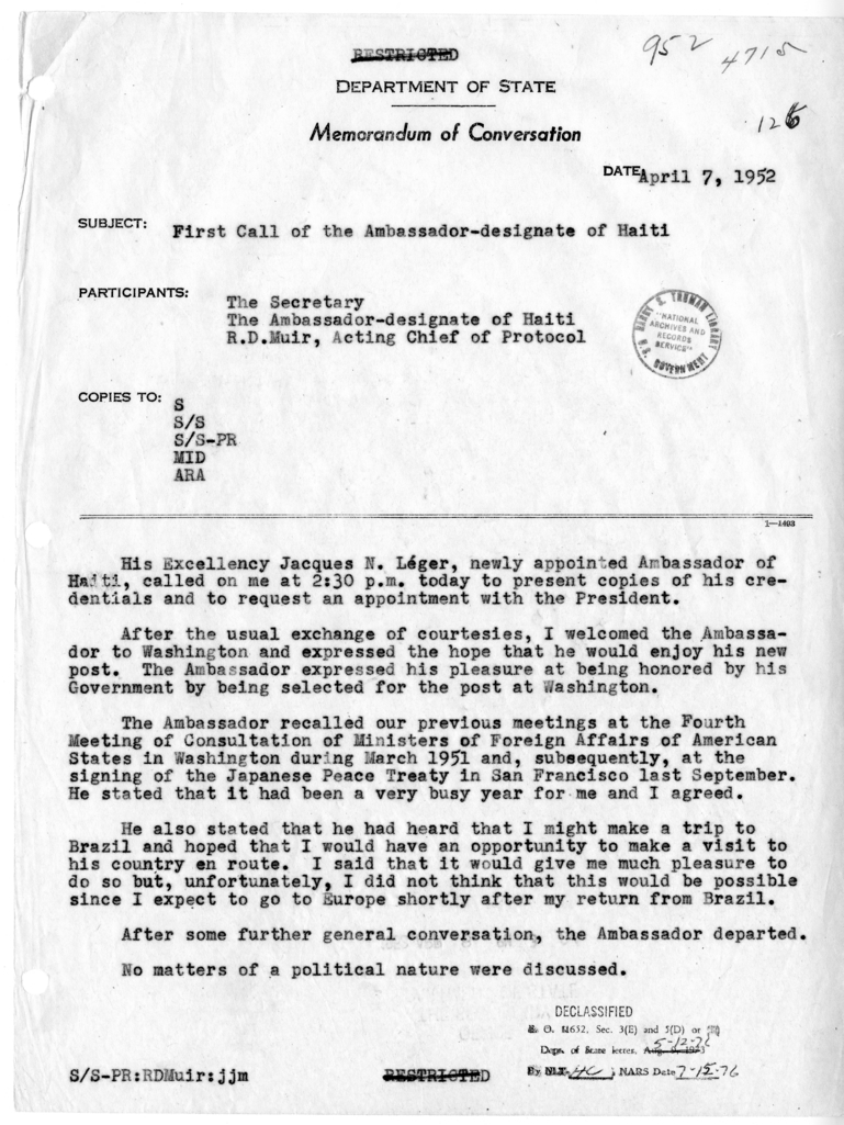 Memorandum of Conversation with Ambassador Jacques N. Leger of Haiti and R. D. Muir