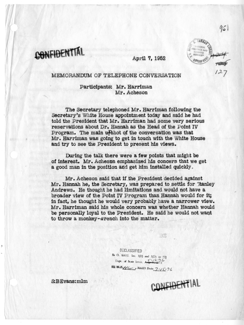 Memorandum of Telephone Conversation with Averell Harriman