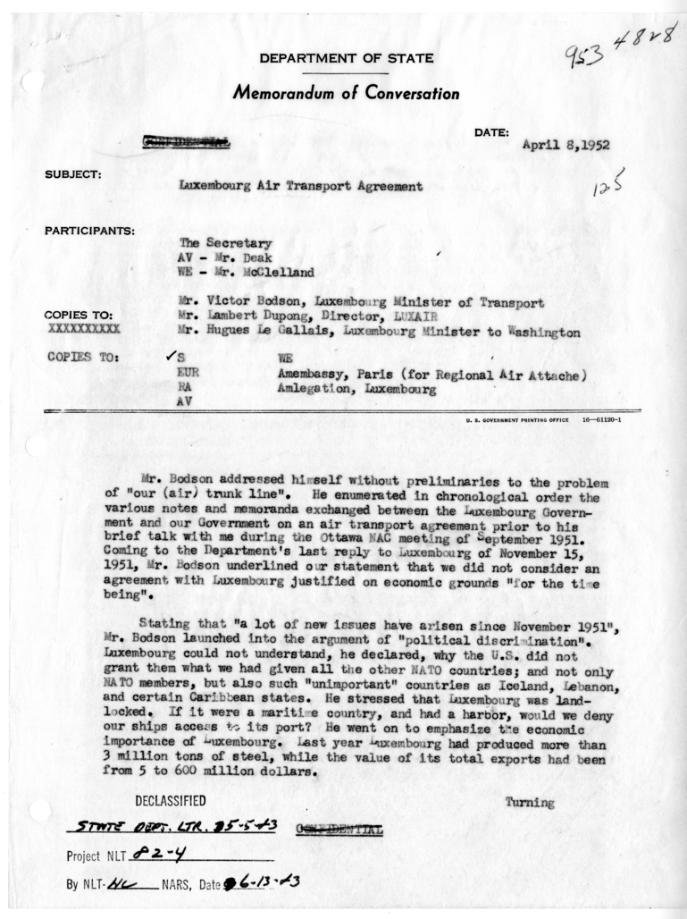 Memorandum of Conversation with Francis Deak, R. D. McClelland, Minister Hughes Le Gallais of Luxembourg, Luxembourg Minister of Transport Victor Bodson, and Lambert Dupong