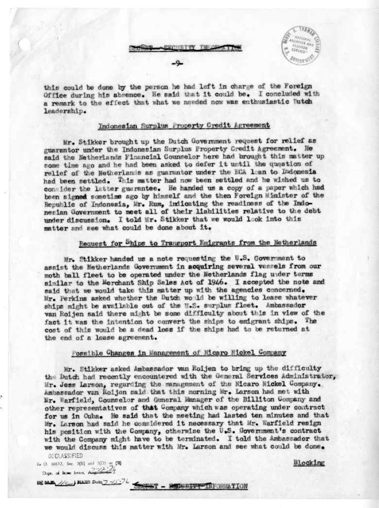 Memorandum of Conversation with Foreign Minister Dirk U. Stikker of the Netherlands, Ambassador S. Herman van Roijen and J. G. de Beus of the Netherlands, Averell Harriman, George W. Perkins, Willard L. Thorp, and Joseph W. Scott