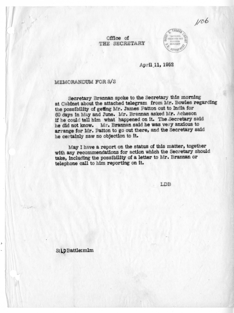 Memorandum of Conversation with Secretary of Agriculture Charles Brannan