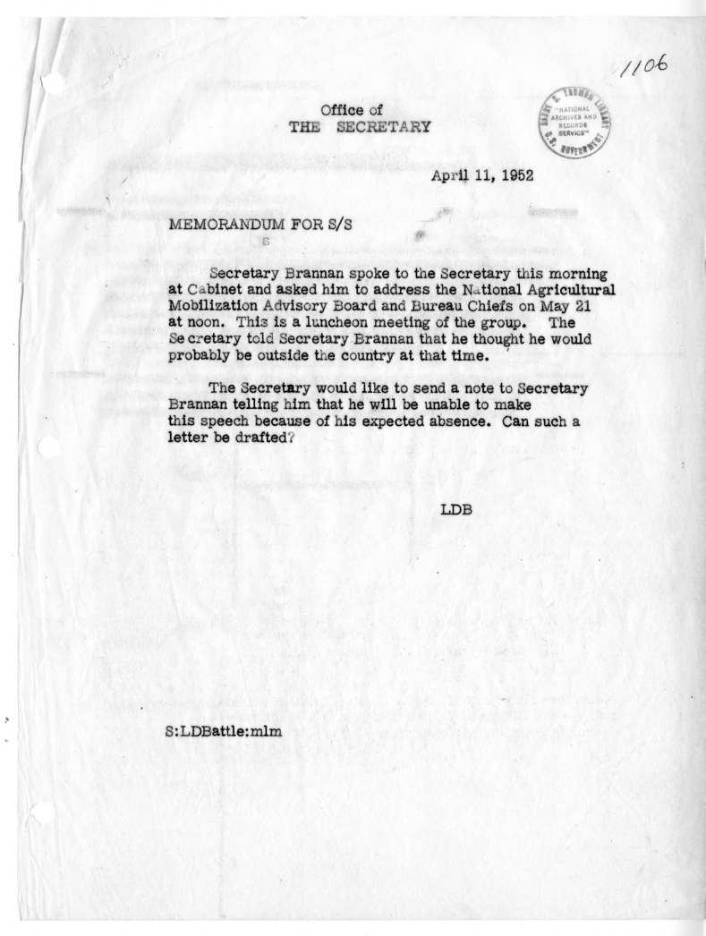 Memorandum of Conversation with Secretary of Agriculture Charles Brannan