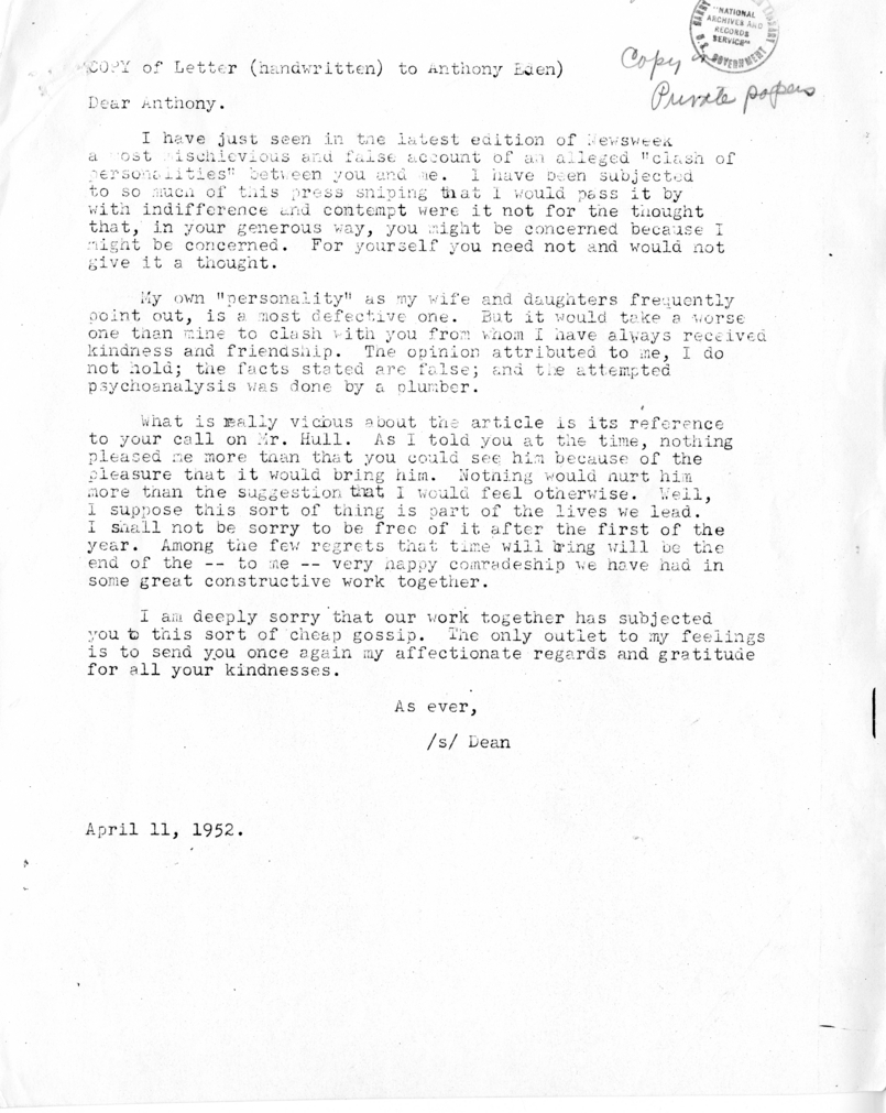 Copy of Letter from Secretary of State Dean Acheson to Anthony Eden