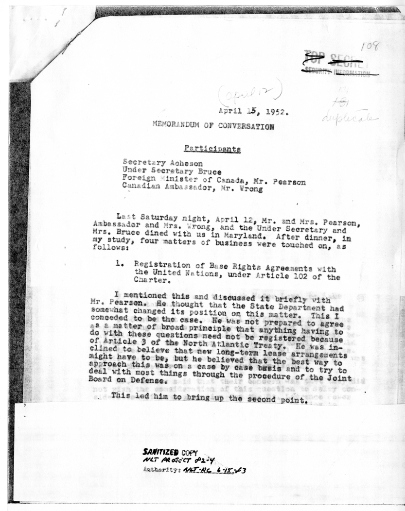 Memorandum of Conversation with Foreign Minister Lester Pearson of Canada, Ambassador Hume Wrong of Canada, and Under Secretary of State David Bruce