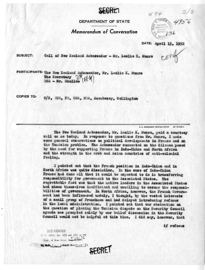 Memorandum of Conversation with Ambassador Leslie R. Munro of New Zealand and J. Harold Shullaw