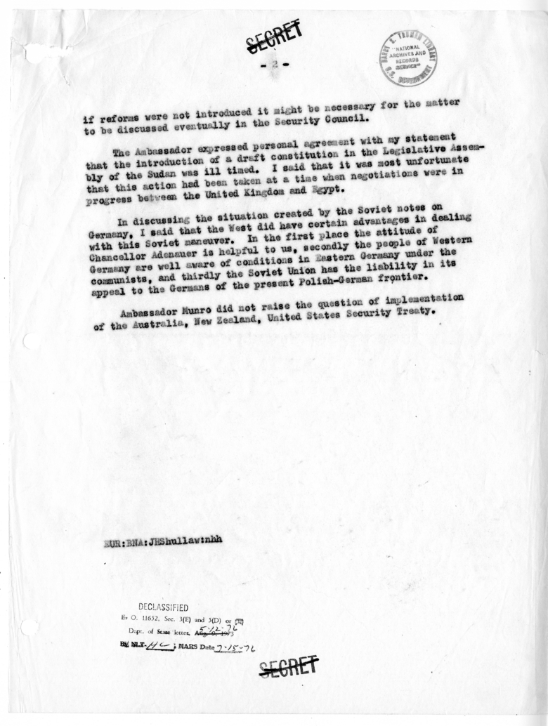 Memorandum of Conversation with Ambassador Leslie R. Munro of New Zealand and J. Harold Shullaw
