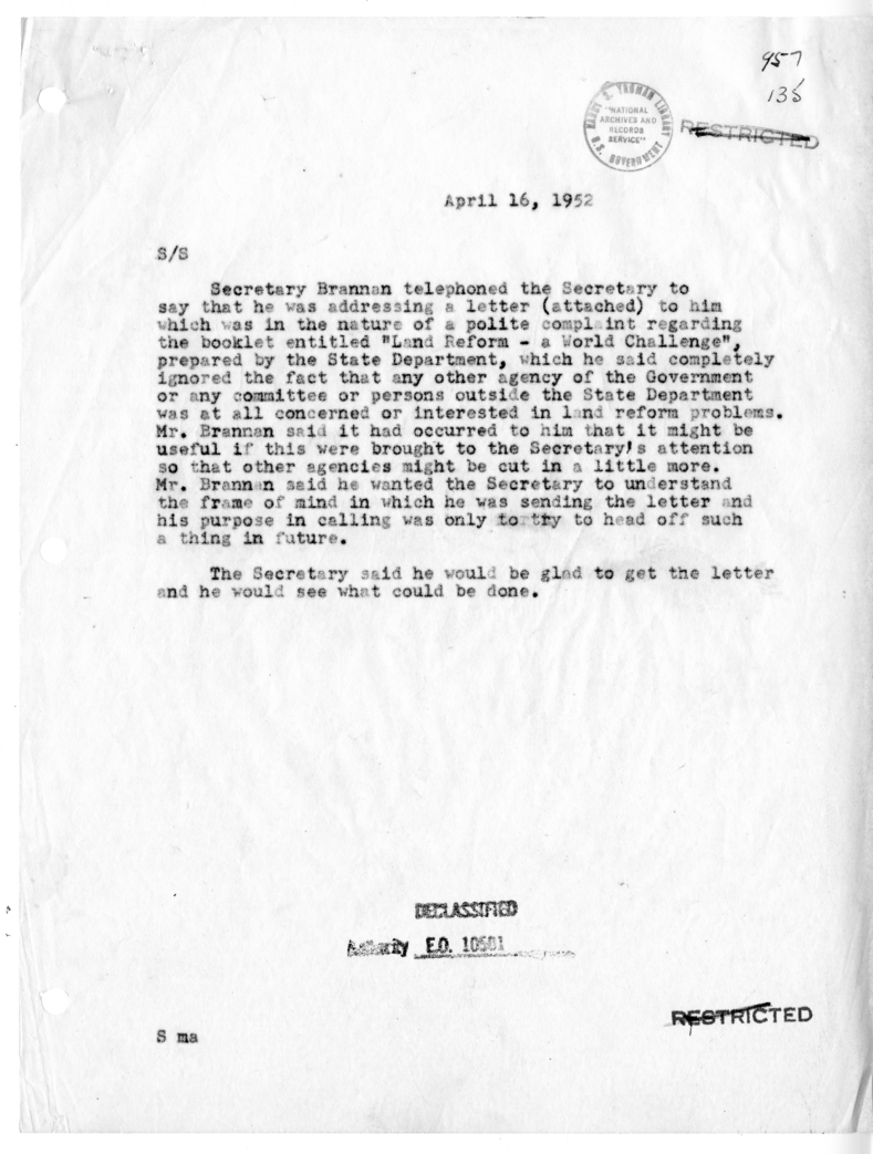 Memorandum of Conversation with Secretary of Agriculture Charles Brannan