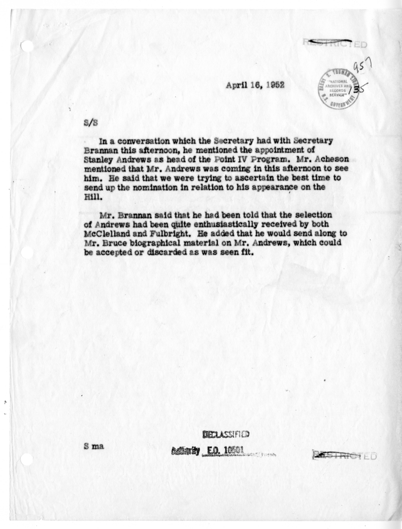 Memorandum of Conversation with Secretary of Agriculture Charles Brannan