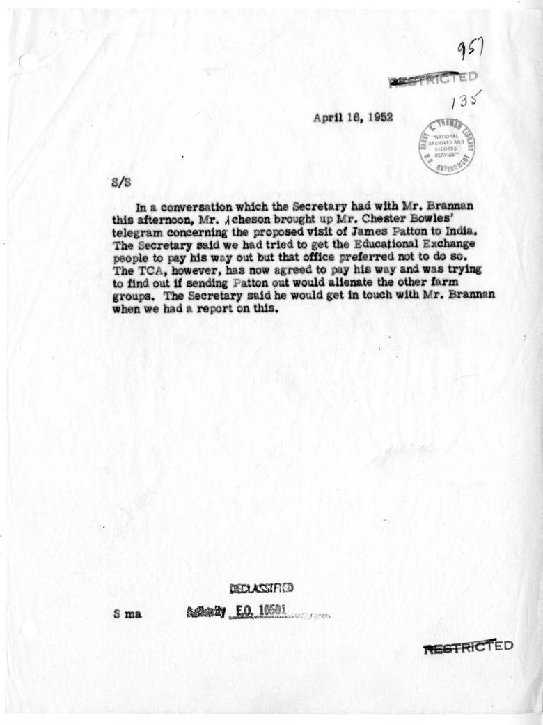 Memorandum of Conversation with Secretary of Agriculture Charles Brannan